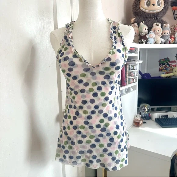 Y2K blue, green, pink and white mesh polka dot tank top with ruffles - Picture 3 of 7